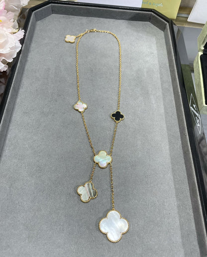 [Rani Jewelry]CLOVER 6 MOTIF MOP ONYX GOLD NECKLACE