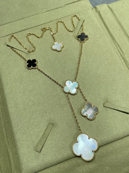 [Rani Jewelry]CLOVER 6 MOTIF MOP ONYX GOLD NECKLACE