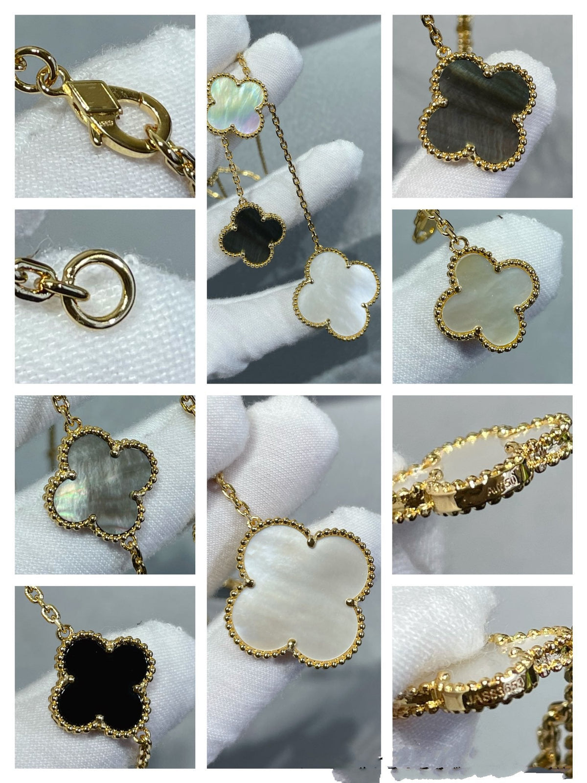 [Rani Jewelry]CLOVER 6 MOTIF MOP ONYX GOLD NECKLACE