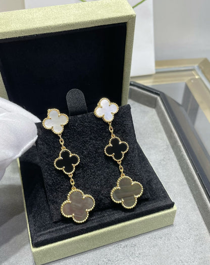 [Rani Jewelry]CLOVER 3 MOTIF MOP ONYX DARK MOP PINK GOLD EARRINGS