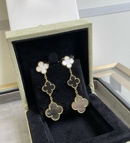 [Rani Jewelry]CLOVER 3 MOTIF MOP ONYX DARK MOP PINK GOLD EARRINGS