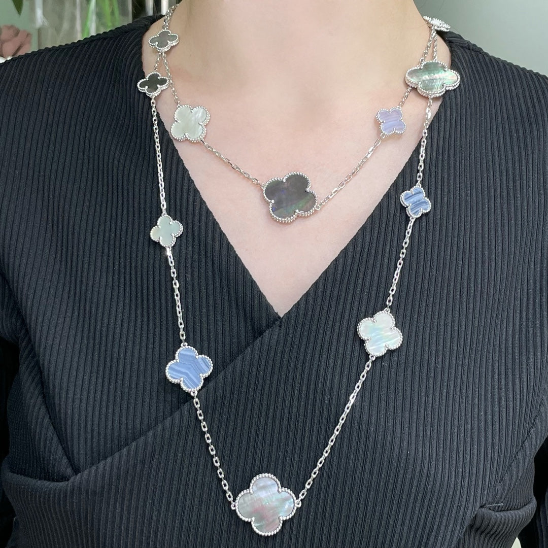 [Rani Jewelry]CLOVER 16 MOTIF CHALCEDONY MOP SILVER NECKLACE