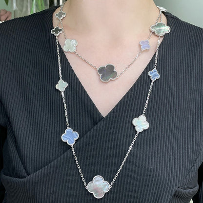 [Rani Jewelry]CLOVER 16 MOTIF CHALCEDONY MOP SILVER NECKLACE