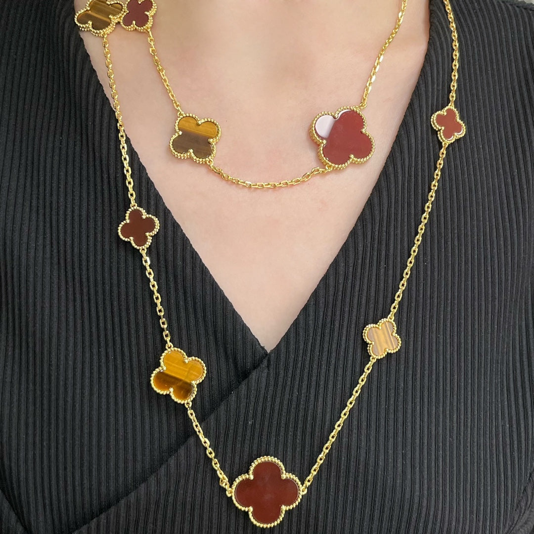 [Rani Jewelry]CLOVER 16 MOTIF CARNELIAN TIGER EYE ROSE GOLD NECKLACE