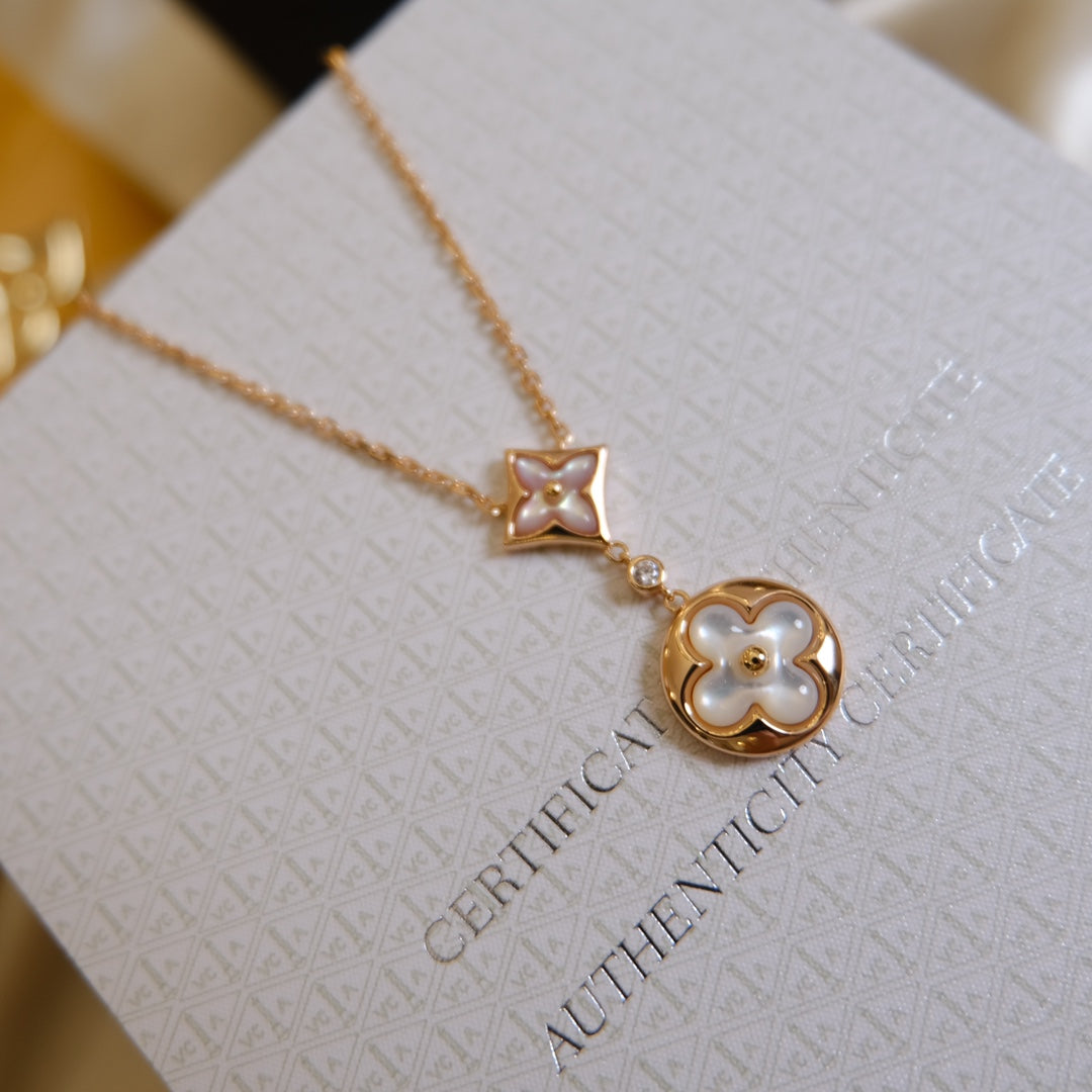[Rani Jewelry]STAR AND SUN WHITE MOP 2 MOTIF PINK GOLD NECKLACE