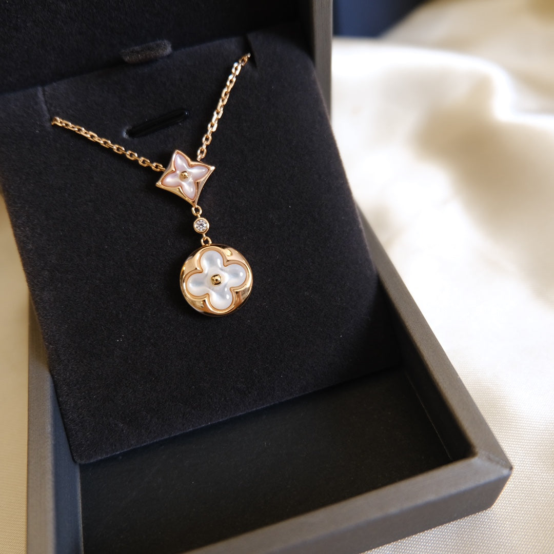 [Rani Jewelry]STAR AND SUN WHITE MOP 2 MOTIF PINK GOLD NECKLACE