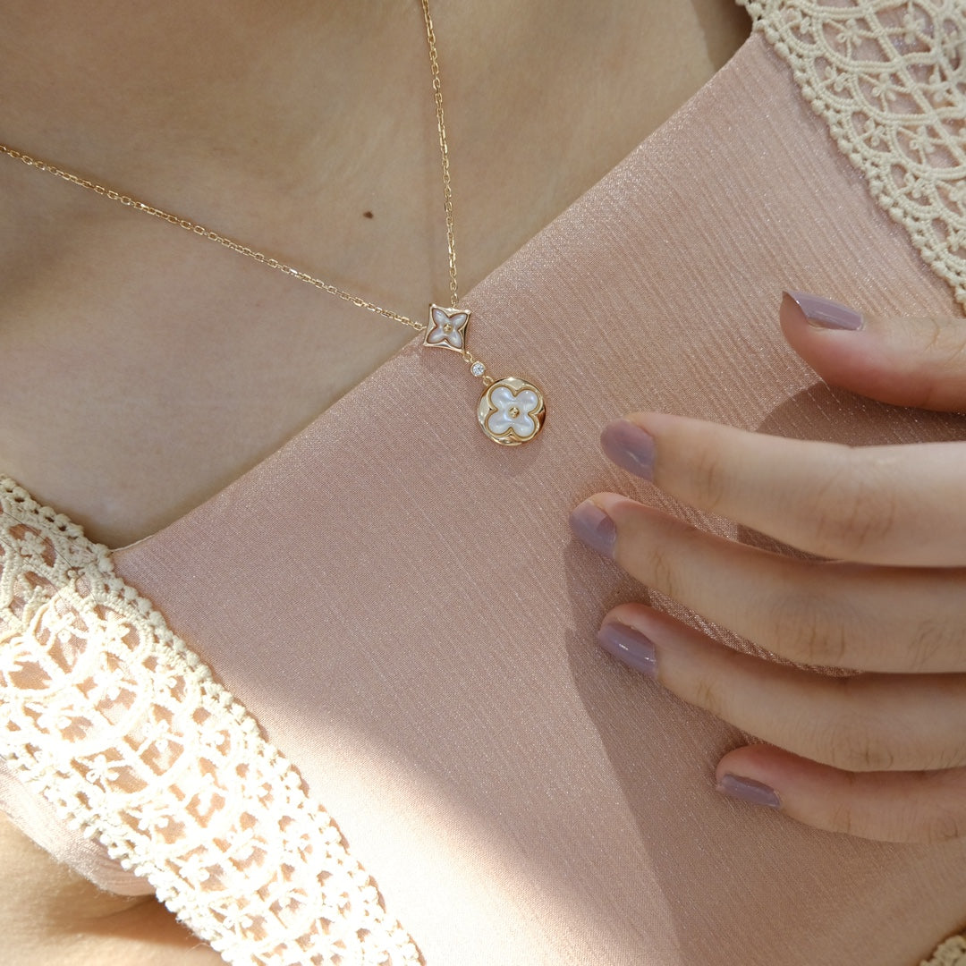 [Rani Jewelry]STAR AND SUN WHITE MOP 2 MOTIF PINK GOLD NECKLACE