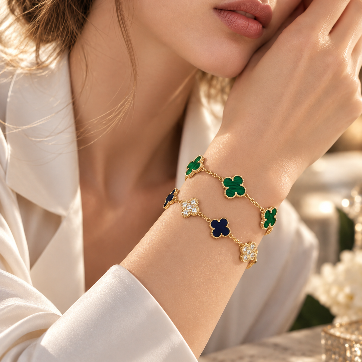 [Rani Jewelry]Clover 5-Motif Malachite & Pietersite Bracelet Stack Set