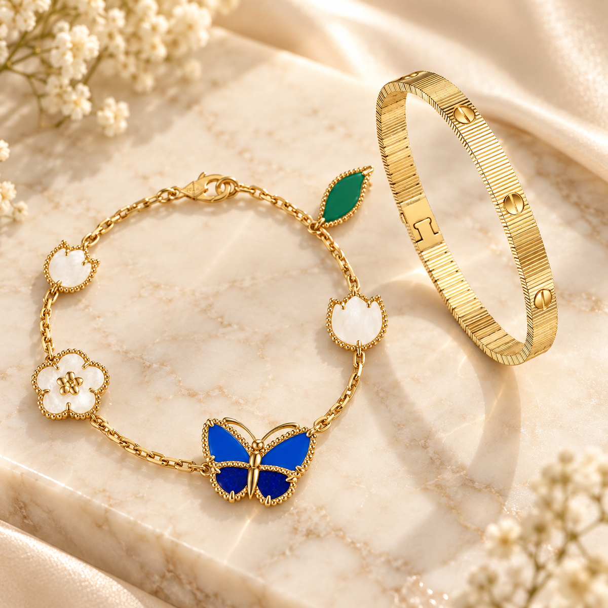 [Rani Jewelry] Lucky Spring Butterfly 5-Motif & LOVE Unlimited Bracelet Stack Set