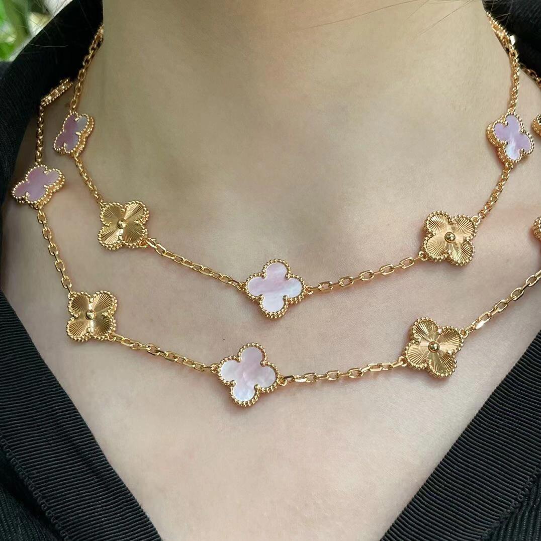 [Rani Jewelry]CLOVER 20 MOTIFS LASER PINK MOP NECKLACE