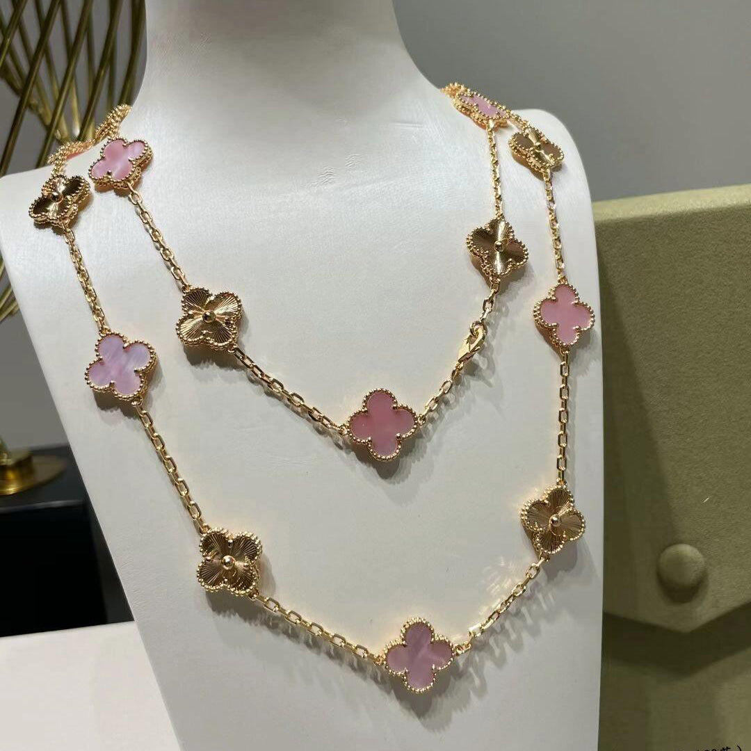 [Rani Jewelry]CLOVER 20 MOTIFS LASER PINK MOP NECKLACE