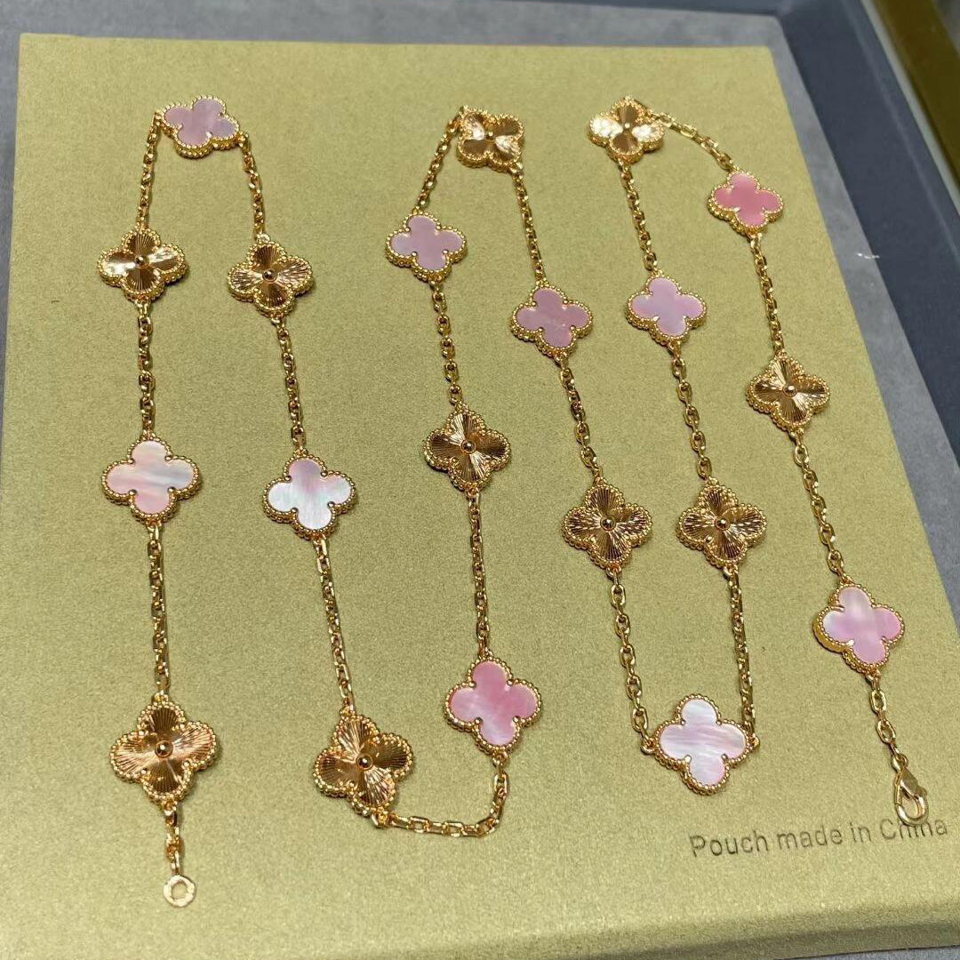 [Rani Jewelry]CLOVER 20 MOTIFS LASER PINK MOP NECKLACE