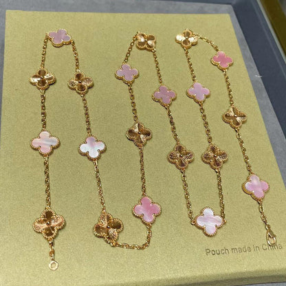 [Rani Jewelry]CLOVER 20 MOTIFS LASER PINK MOP NECKLACE