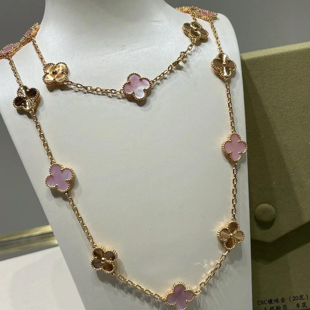 [Rani Jewelry]CLOVER 20 MOTIFS LASER PINK MOP NECKLACE