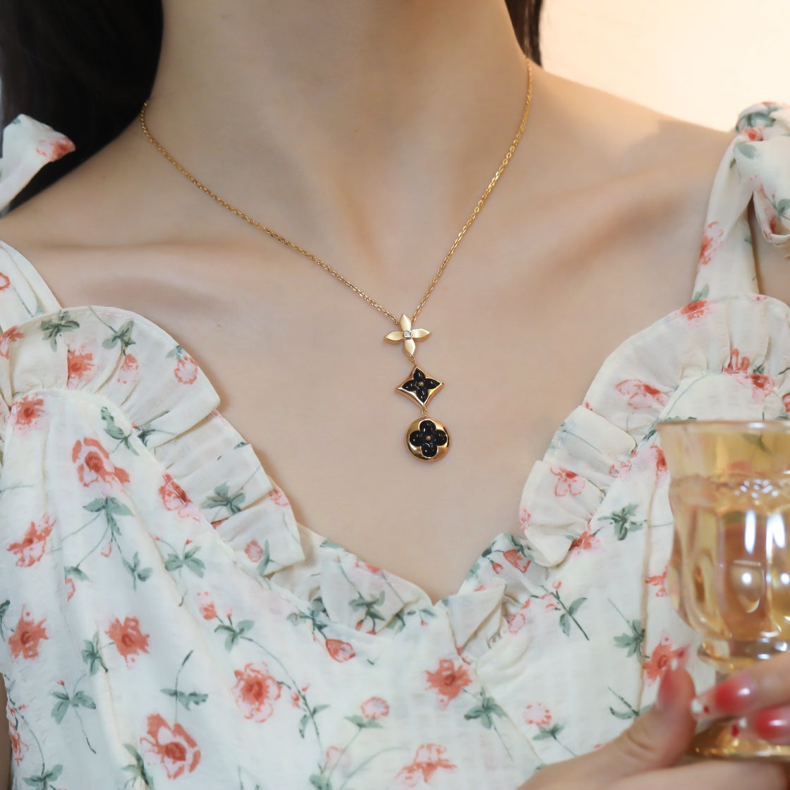 [Rani Jewelry]STAR AND SUN ONYX PINK GOLD NECKLACE