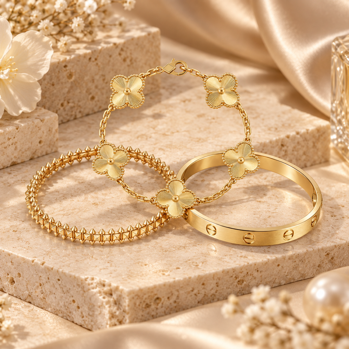 [Rani Jewelry] CLASH & Clover Laser 5-Motif & LOVE Brushed Bracelet Stack Set
