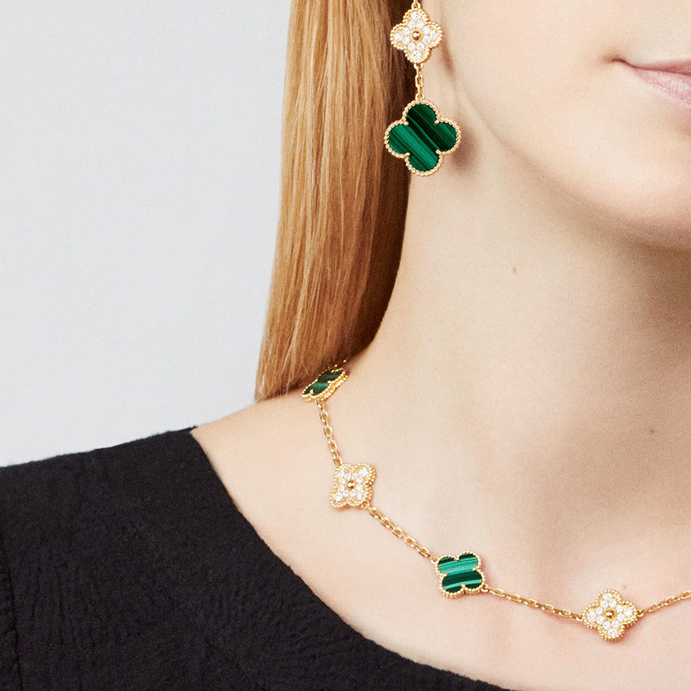 [Rani Jewelry]CLOVER 10 MOTIFS MALACHITE DIAMOND NECKLACE