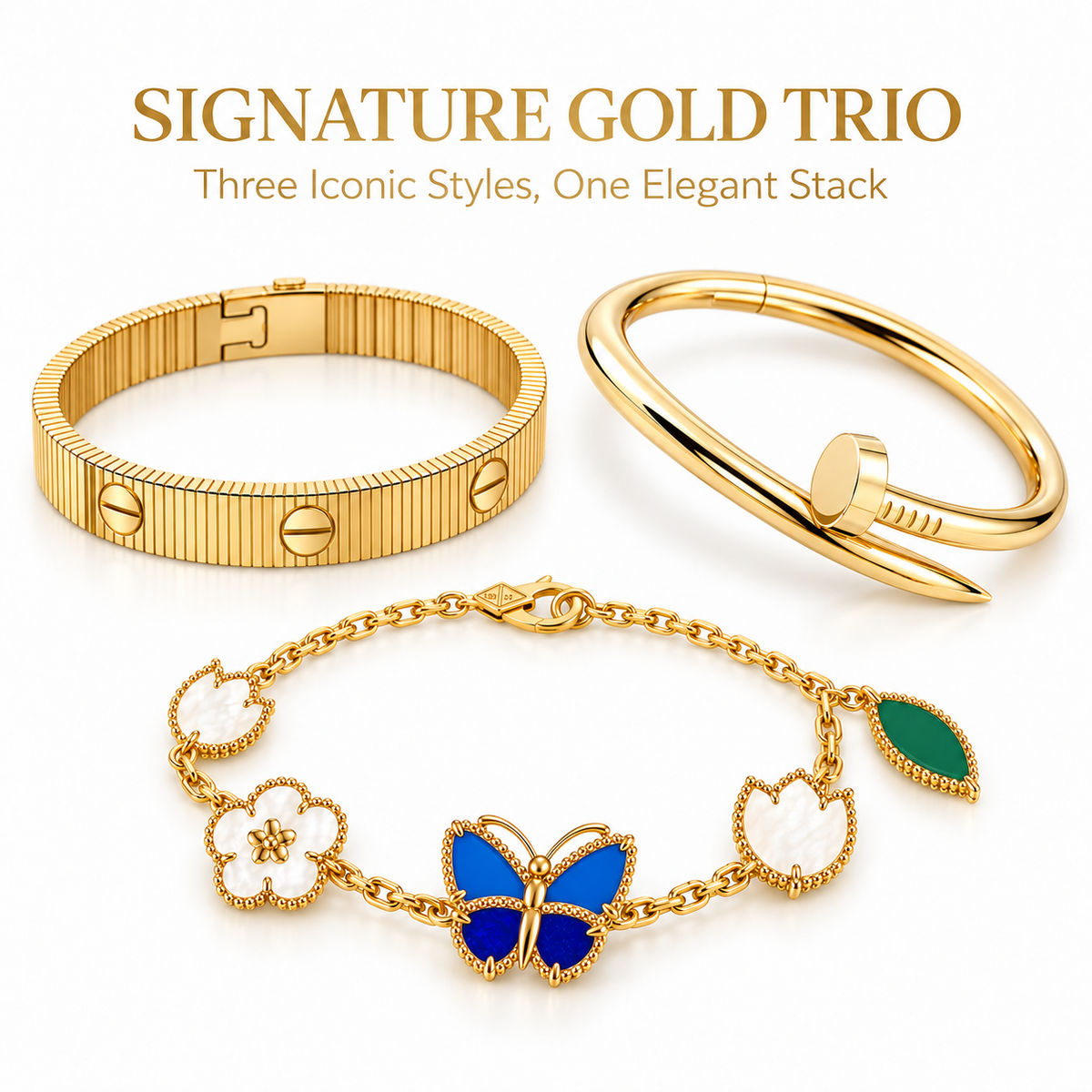[Rani Jewelry]Clover Lucky Spring & Love & Juste Garden 3-Piece  Bracelet Stack Set
