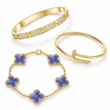 [Rani Jewelry] LOVE & JUSTE & Blue Veins Clover 5-Motif Diamond Bracelet Stack Set