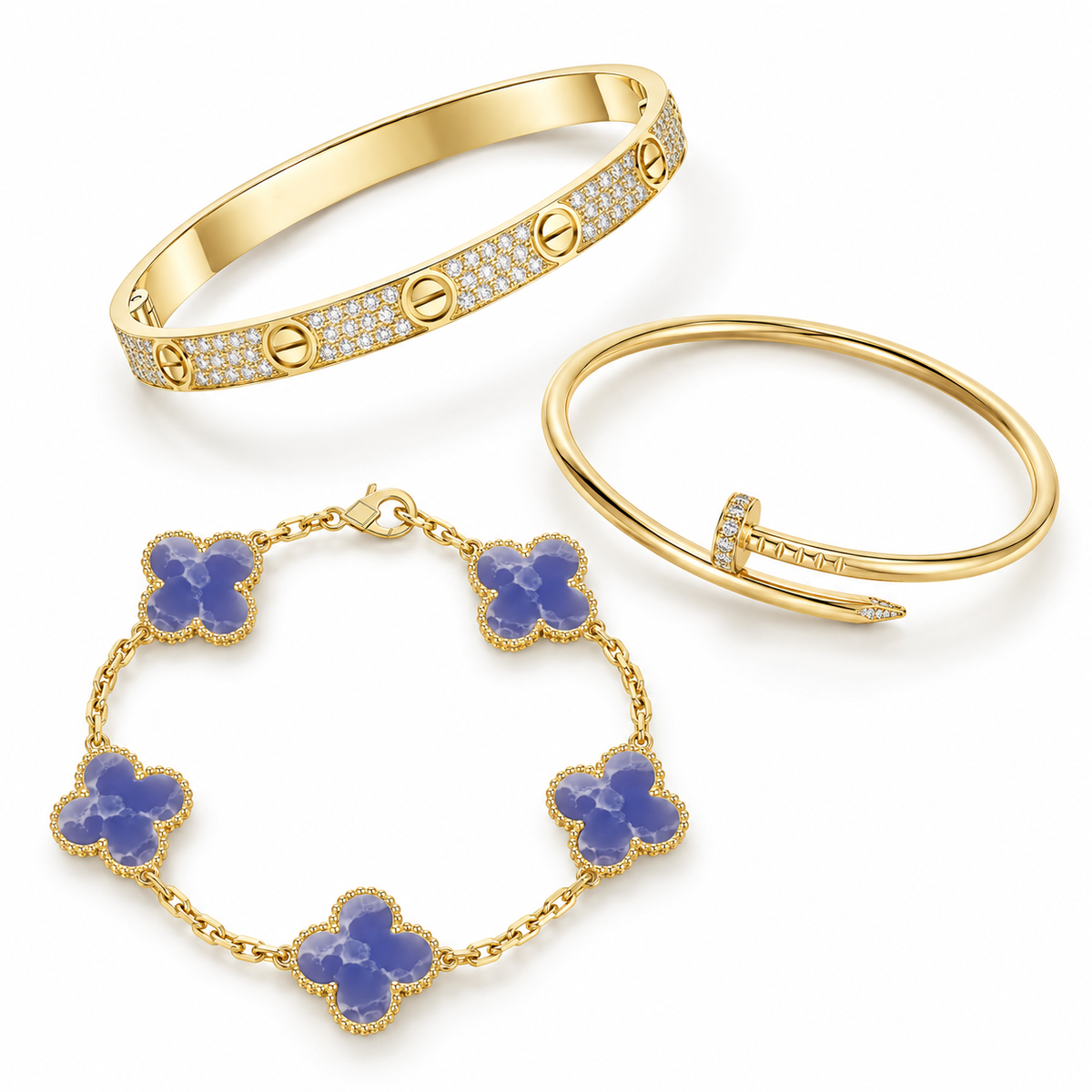 [Rani Jewelry] LOVE & JUSTE & Blue Veins Clover 5-Motif Diamond Bracelet Stack Set
