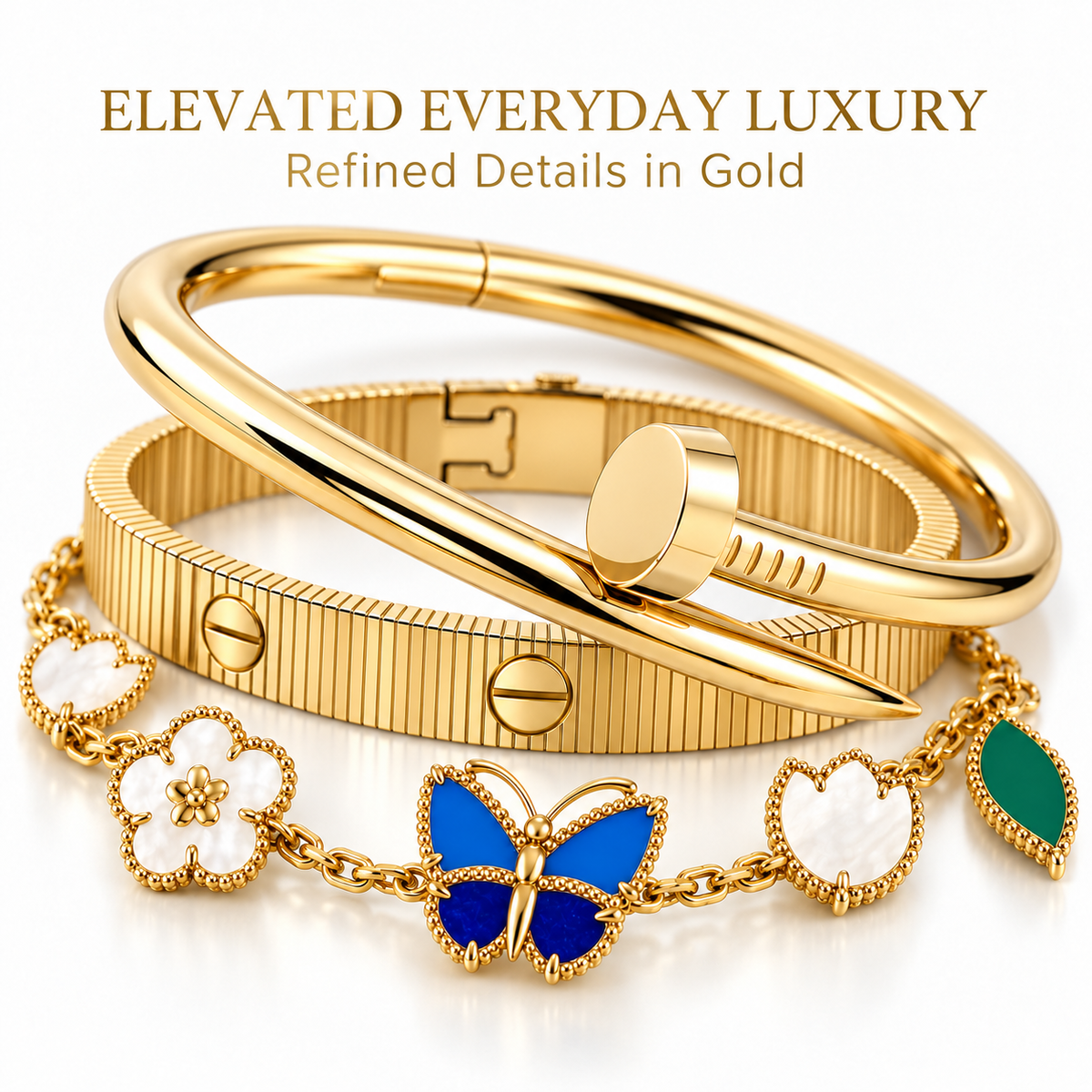 [Rani Jewelry]Clover Lucky Spring & Love & Juste Garden 3-Piece  Bracelet Stack Set
