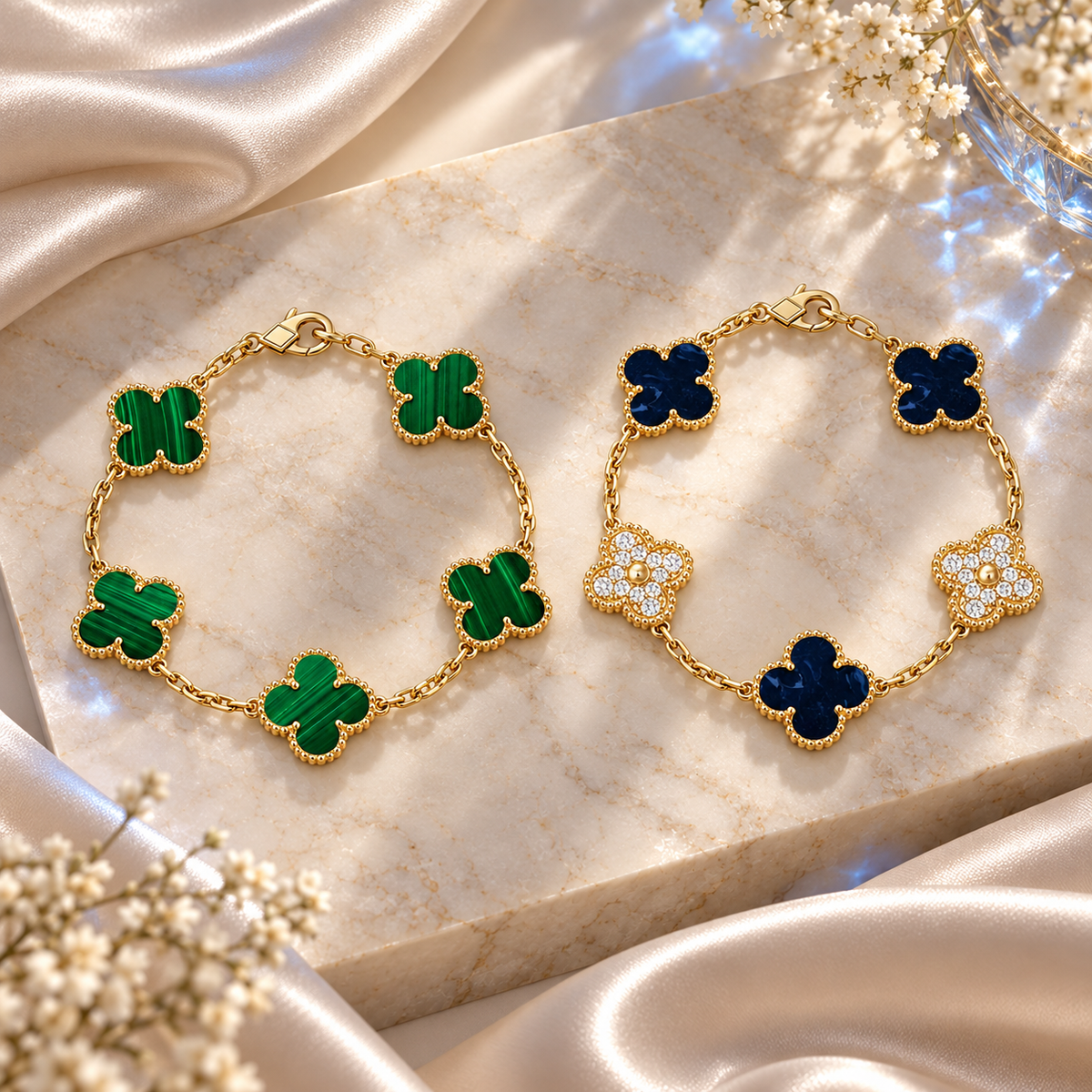 [Rani Jewelry]Clover 5-Motif Malachite & Pietersite Bracelet Stack Set