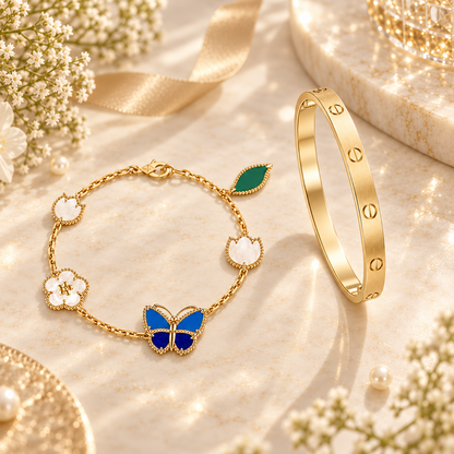 [Rani Jewelry] LOVE Brushed & Lucky Spring Butterfly 5-Motif Bracelet Stack Set