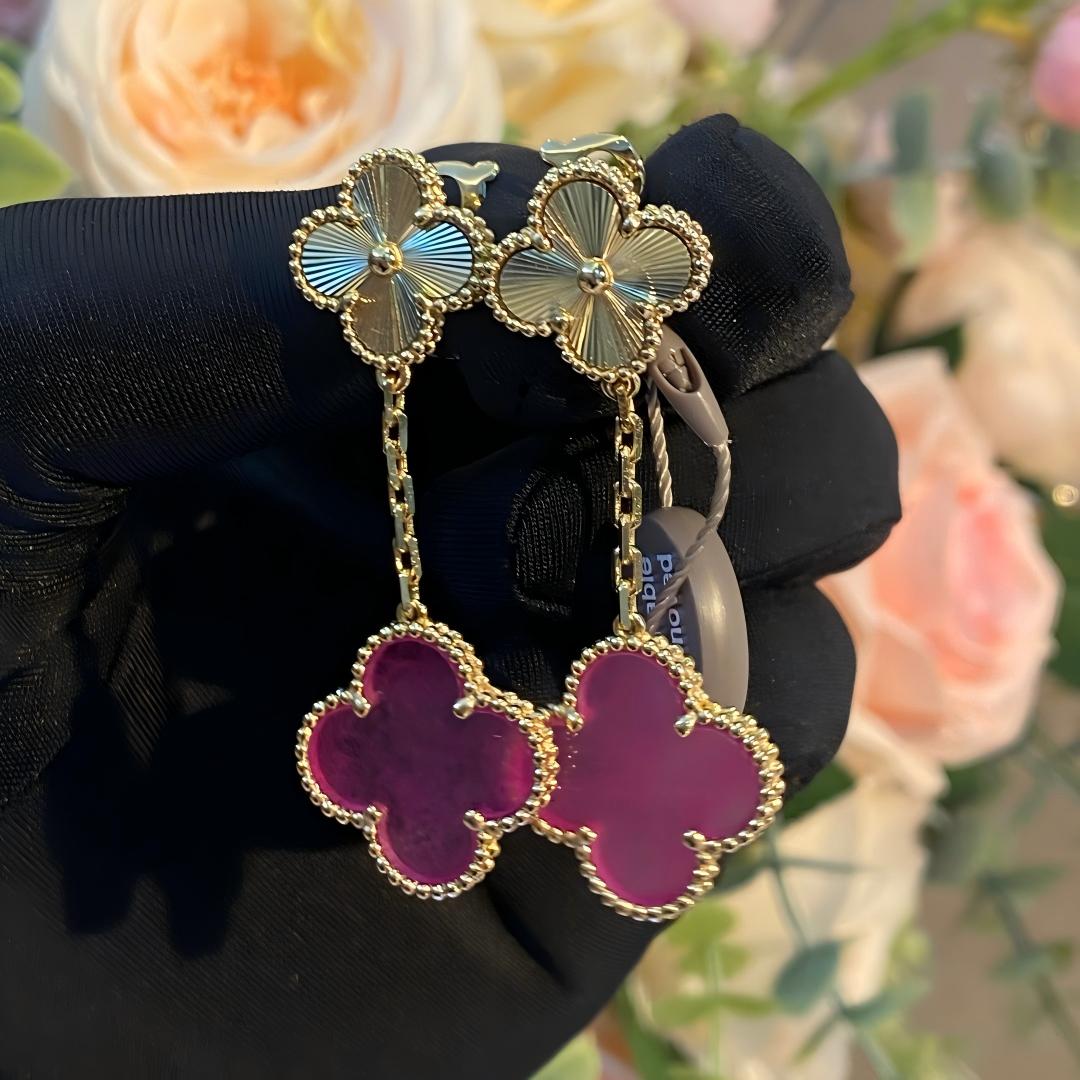 [Rani Jewelry]NEW CLOVER 2 MOTIF PINK ENAMEL EARRINGS