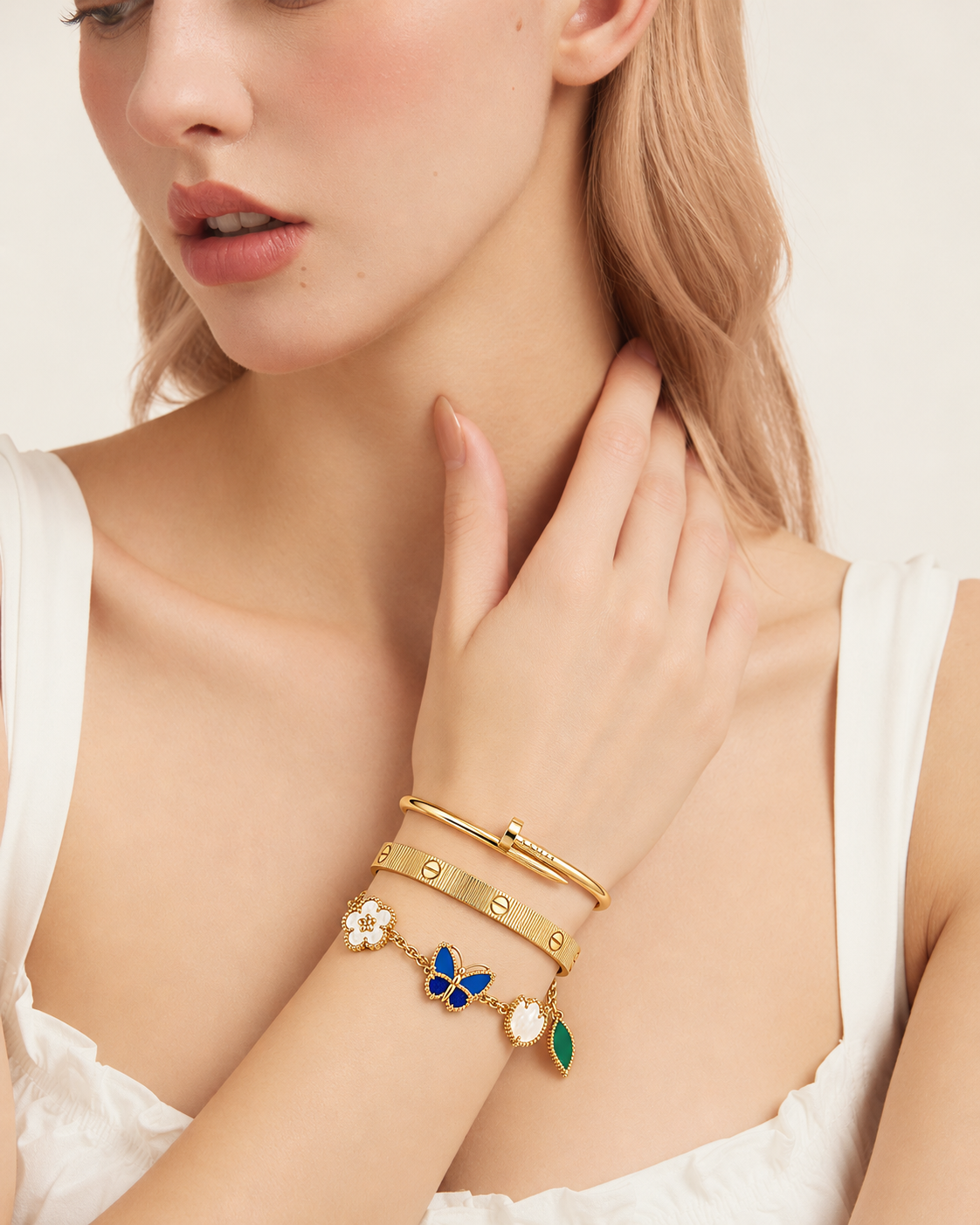 [Rani Jewelry]Clover Lucky Spring & Love & Juste Garden 3-Piece  Bracelet Stack Set
