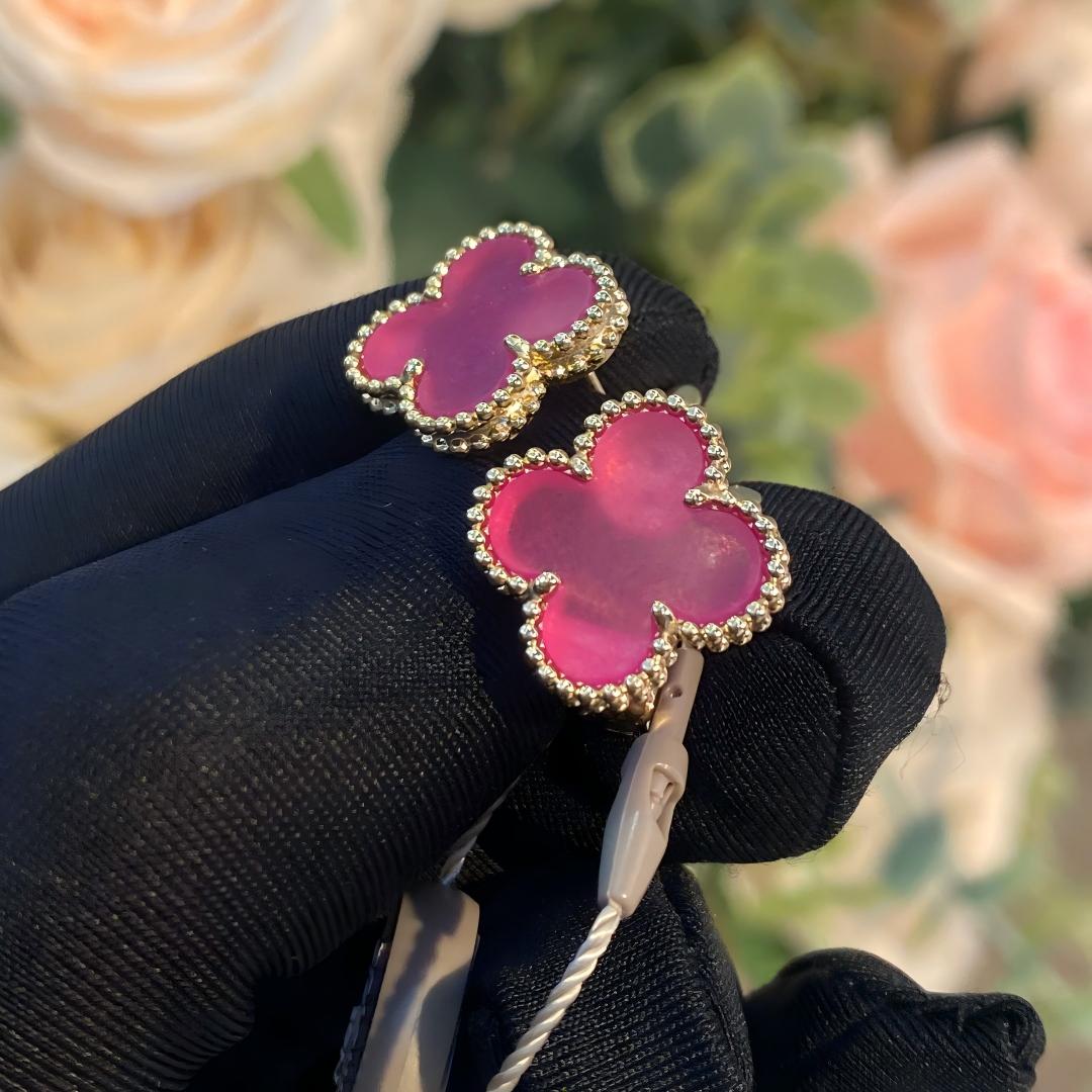 [Rani Jewelry]NEW CLOVER 15MM PINK ENAMEL STUD EARRINGS