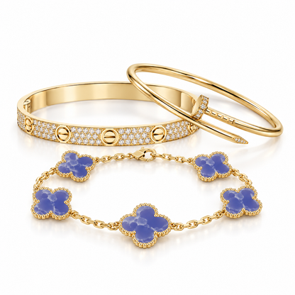 [Rani Jewelry] LOVE & JUSTE & Blue Veins Clover 5-Motif Diamond Bracelet Stack Set