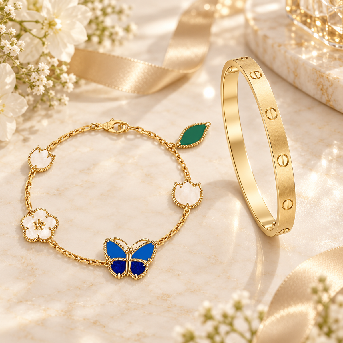 [Rani Jewelry] LOVE Brushed & Lucky Spring Butterfly 5-Motif Bracelet Stack Set