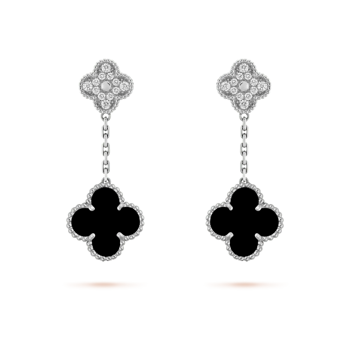 [Rani Jewelry]CLOVER 2 MOTIFS  DIAMOND ONYX EARRINGS SILVER