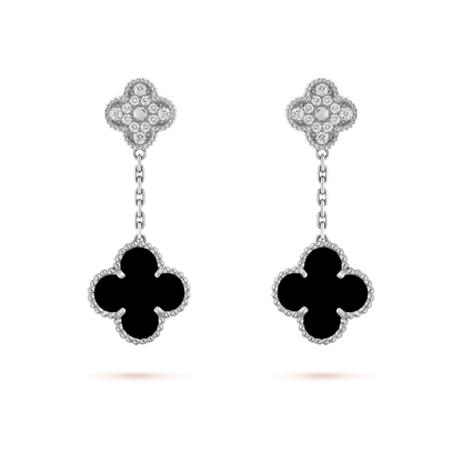 [Rani Jewelry]CLOVER 2 MOTIFS  DIAMOND ONYX EARRINGS SILVER
