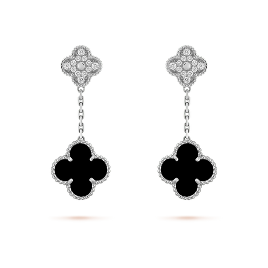 [Rani Jewelry]CLOVER 2 MOTIFS  DIAMOND ONYX EARRINGS SILVER