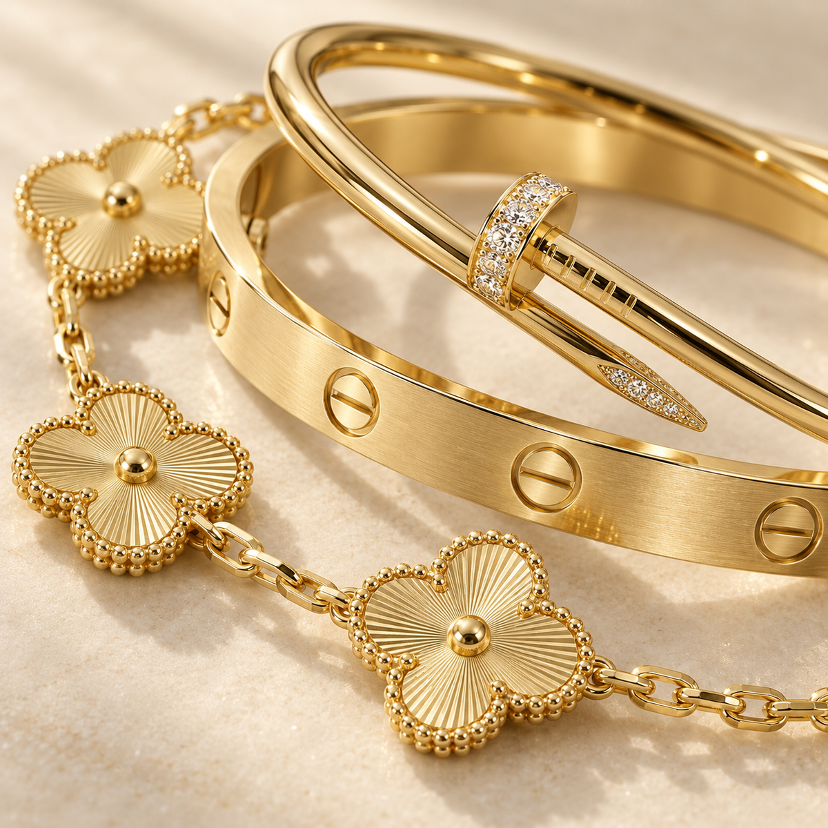 [Rani Jewelry] Clover & Love & Juste 3-Piece Gold Bracelet Stack Set