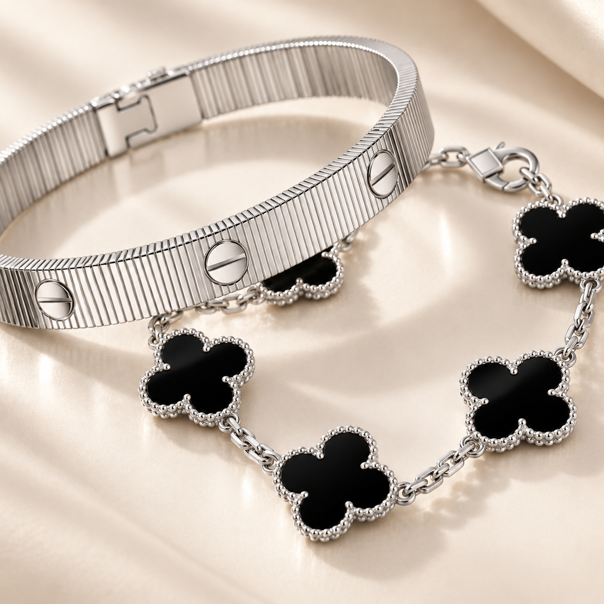 [Rani Jewelry]Clover & Love Sliver 2-Piece Bracelet Stack Set