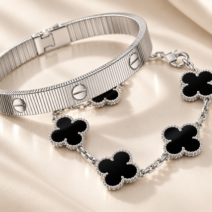 [Rani Jewelry]Clover & Love Sliver 2-Piece Bracelet Stack Set