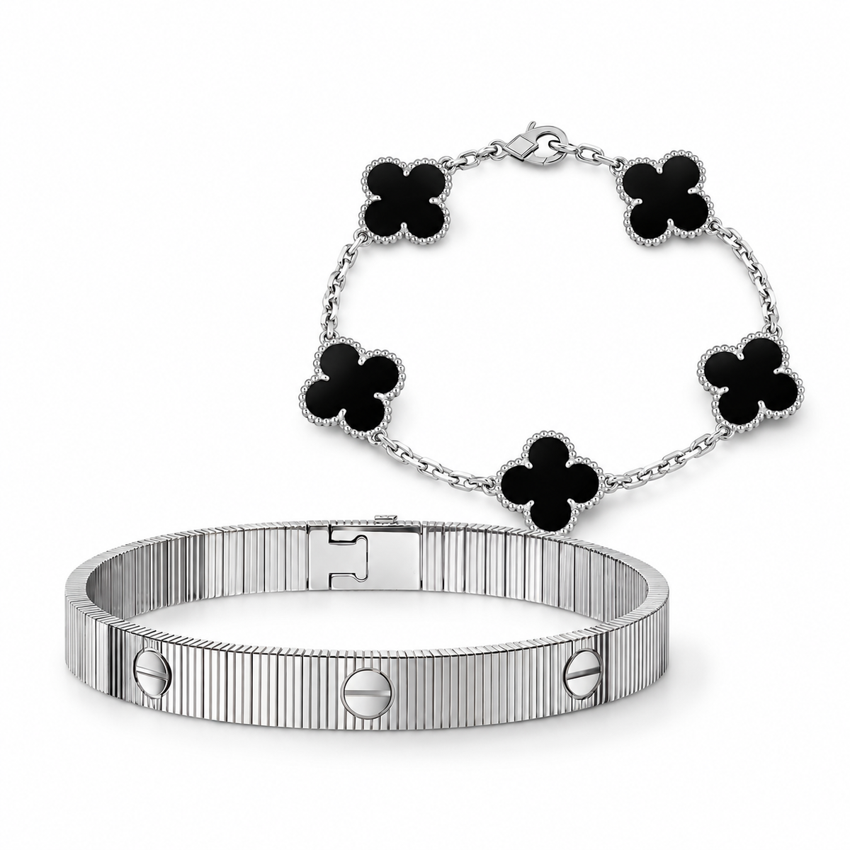[Rani Jewelry]Clover & Love Sliver 2-Piece Bracelet Stack Set