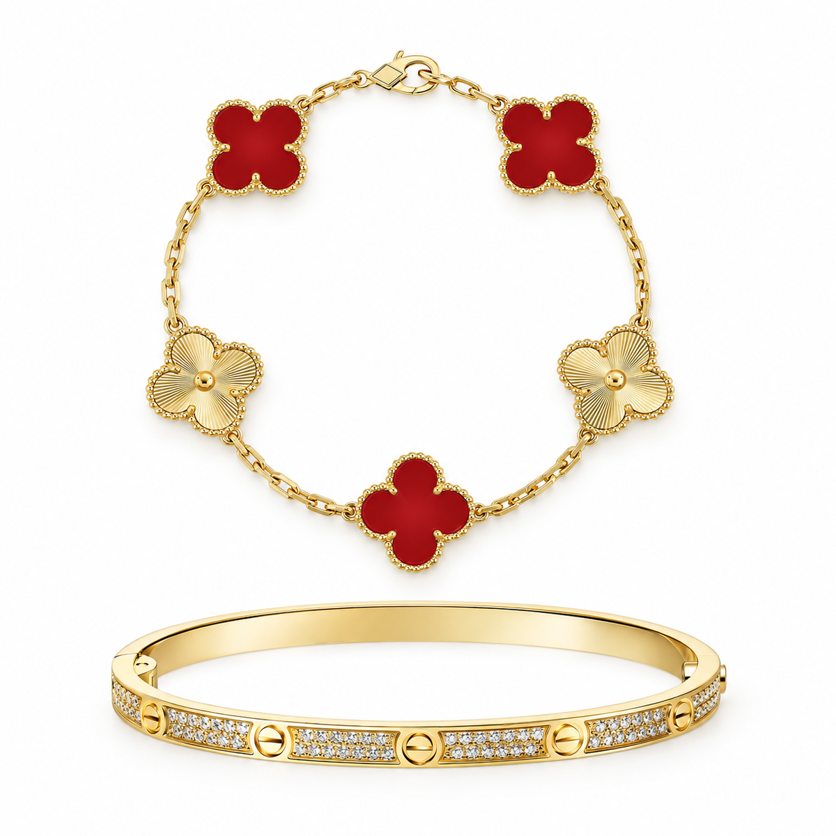 [Rani Jewelry]Clover & Love Diamond-Paved Radiant Line 2-Piece Bracelet Stack Set