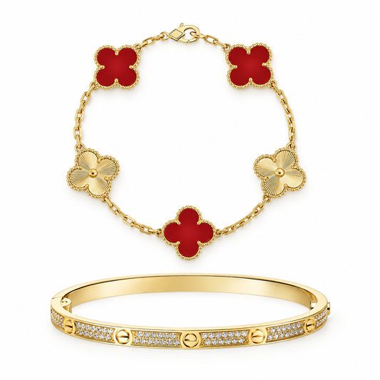 [Rani Jewelry]Clover & Love Diamond-Paved Radiant Line 2-Piece Bracelet Stack Set