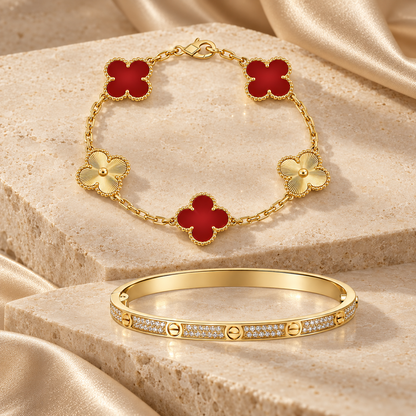 [Rani Jewelry]Clover & Love Diamond-Paved Radiant Line 2-Piece Bracelet Stack Set