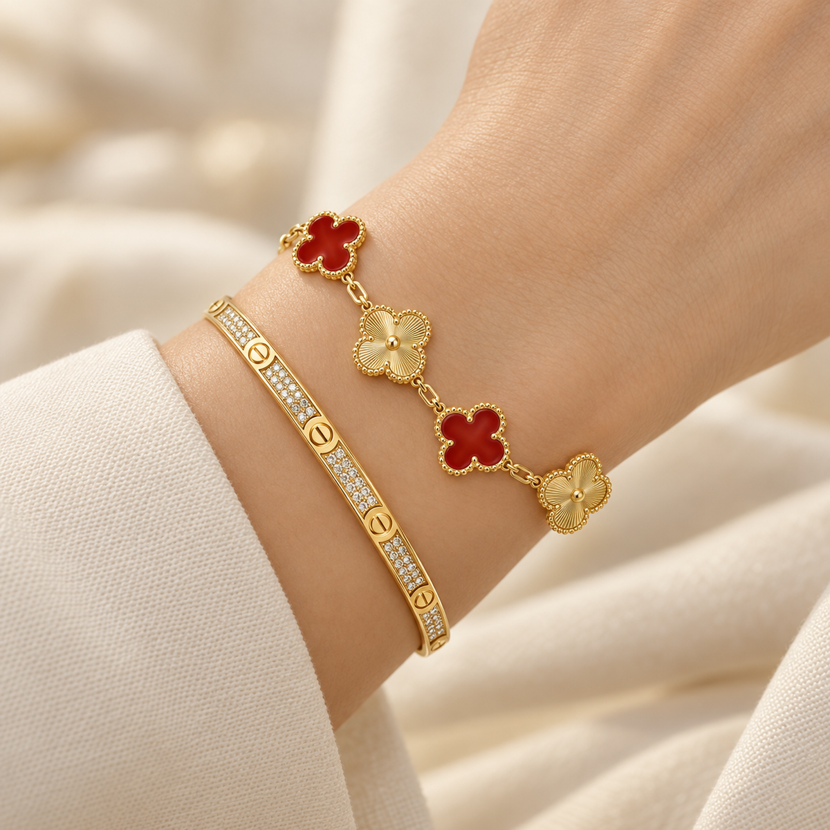 [Rani Jewelry]Clover & Love Diamond-Paved Radiant Line 2-Piece Bracelet Stack Set