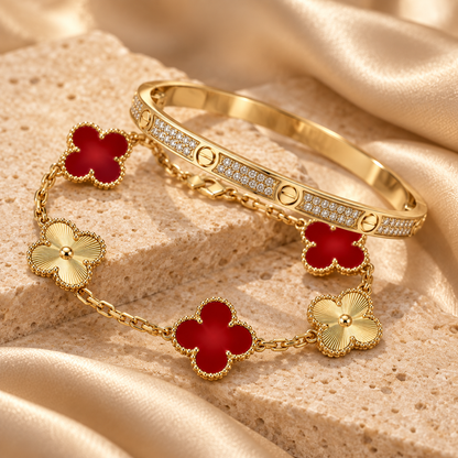 [Rani Jewelry]Clover & Love Diamond-Paved Radiant Line 2-Piece Bracelet Stack Set