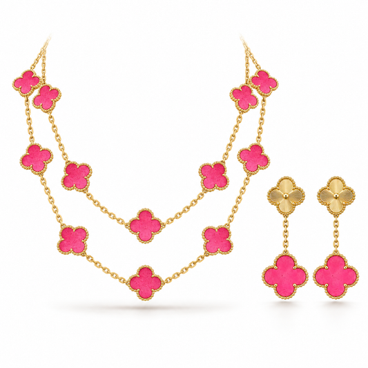 [Rani Jewelry]Clover Pink Enamel Necklace & Earring Jewelry Set