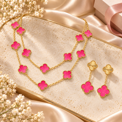 [Rani Jewelry]Clover Pink Enamel Necklace & Earring Jewelry Set