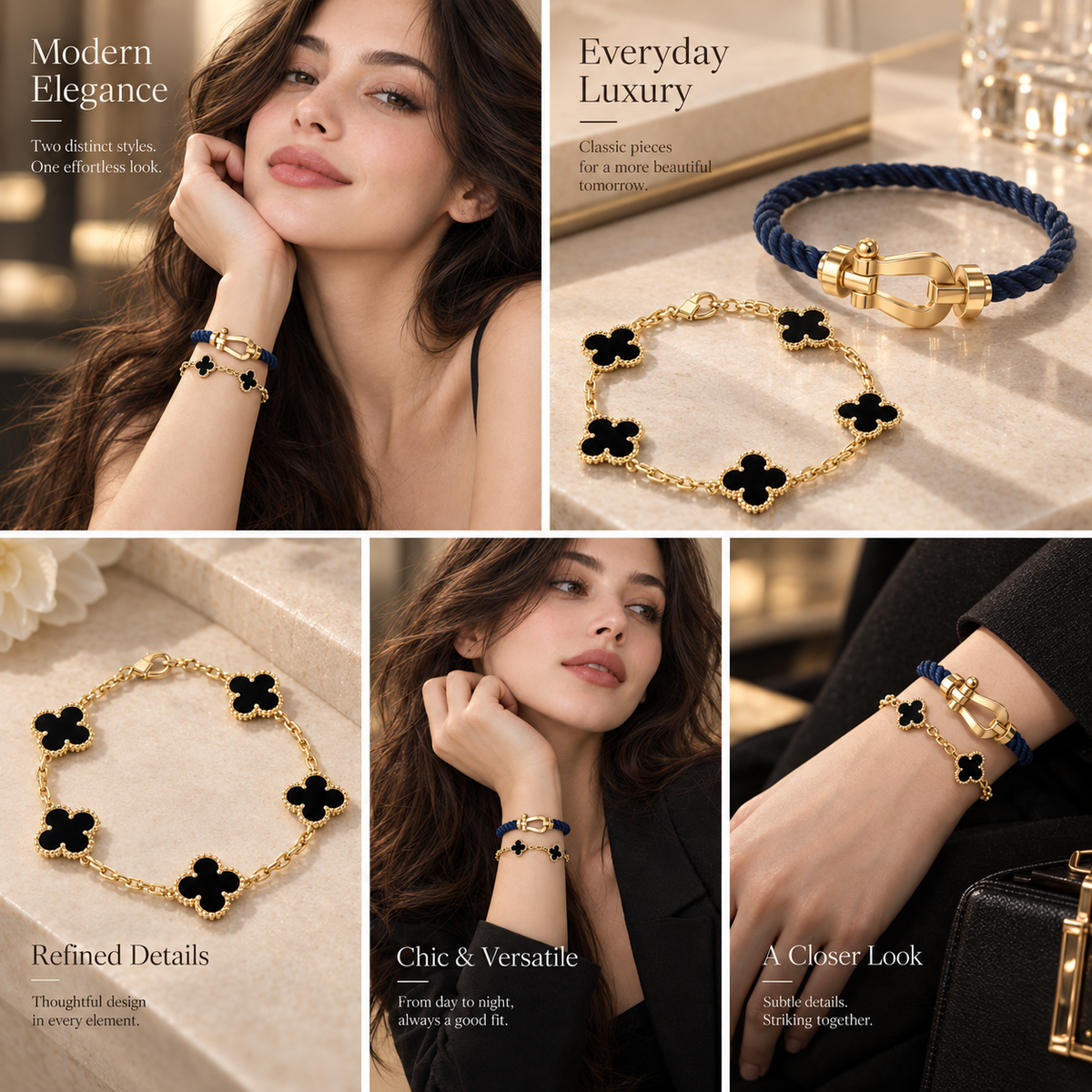 [Rani Jewelry]Force Horseshoe & Clover 5 Motifs Bracelet Stack Set