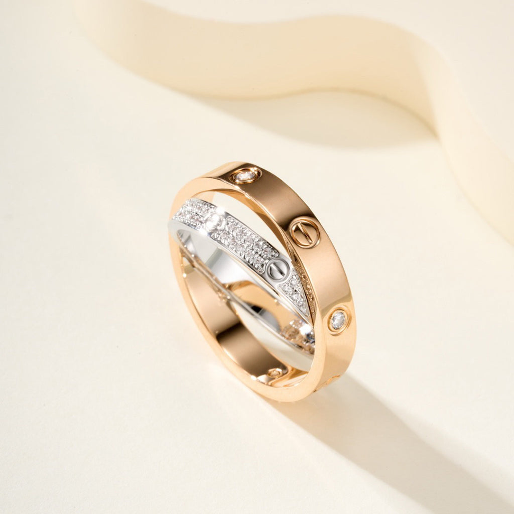 [Rani Jewelry] LOVE PINK GOLD SILVER DIAMOND DOUBLE RING