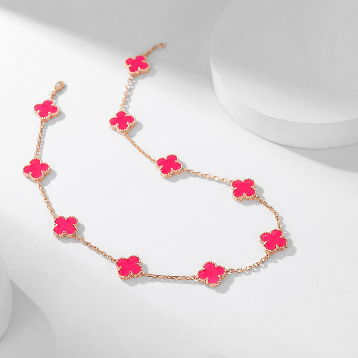 [Rani Jewelry]NEW CLOVER 10 MOTIFS PINK ENAMEL NECKLACE