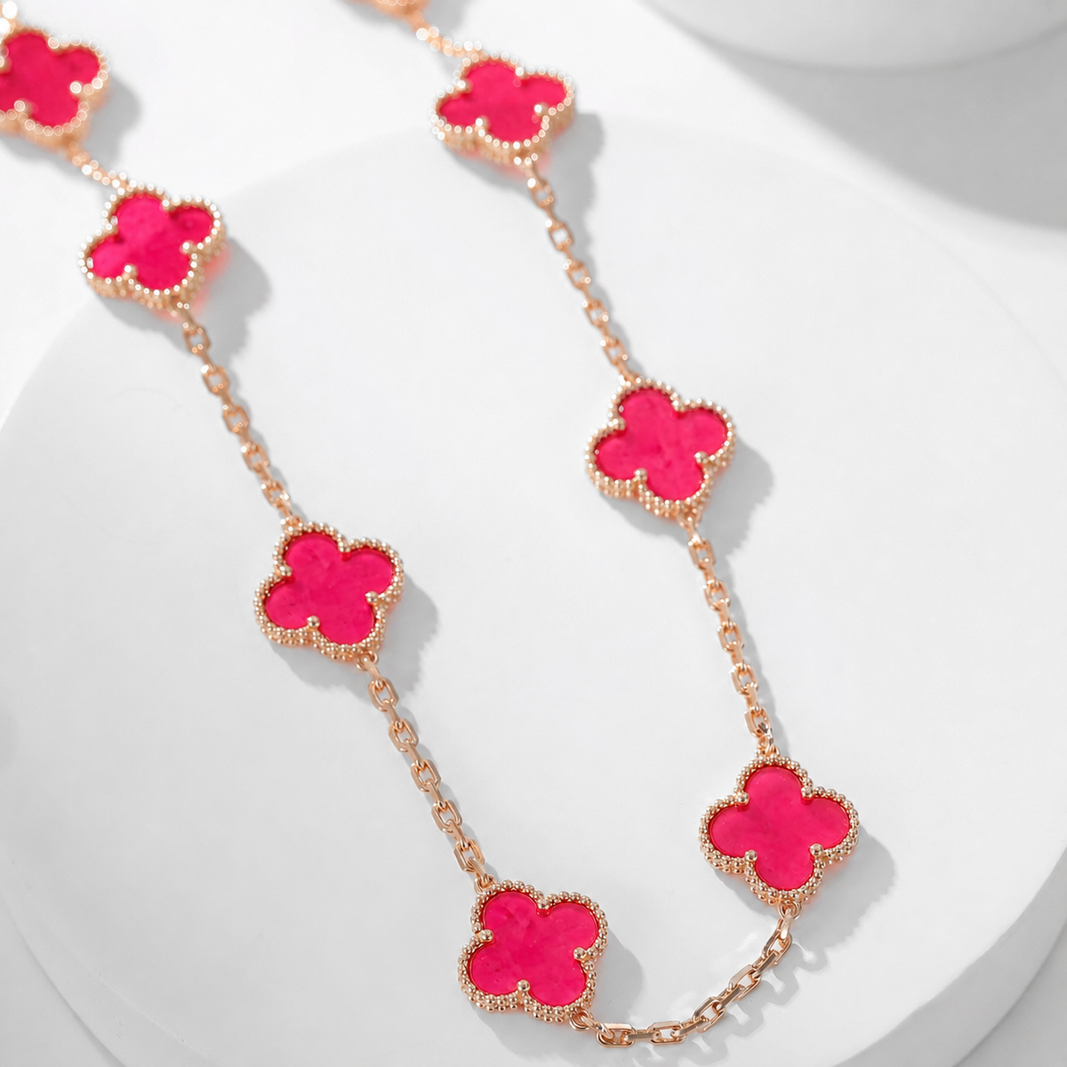 [Rani Jewelry]NEW CLOVER 10 MOTIFS PINK ENAMEL NECKLACE